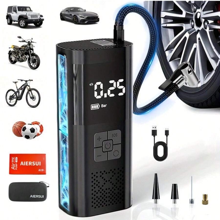 Pompa Udara Portabel 7.4V/DC12V dengan Pengukur Tekanan Digital, Baterai 2000mAh Terintegrasi, Versi Terbaru dengan Tas Penyimpanan + Fungsi Power Bank, Cocok untuk Mobil, Sepeda Motor, Sepeda, dan Bola Olahraga - Model nirkabel - View 1