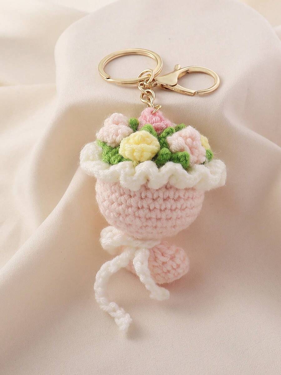 1pc Cute 3D Crochet Flower Bouquet Shaped Bag Charm, Sweet Style Pink Keychain, Girls Daily Carry Bag Pendant, Holiday Gift - Flowers - View 1