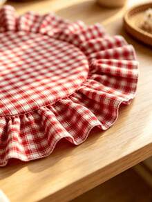 HXARTMIS 1pc Red Plaid Ruffle Round Placemat, Vintage Checkered Woven Fabric Placemat, Heat-Resistant Table Decor, Suitable For Breakfast Shop, Cafe, Wedding Scene - Red - View 4