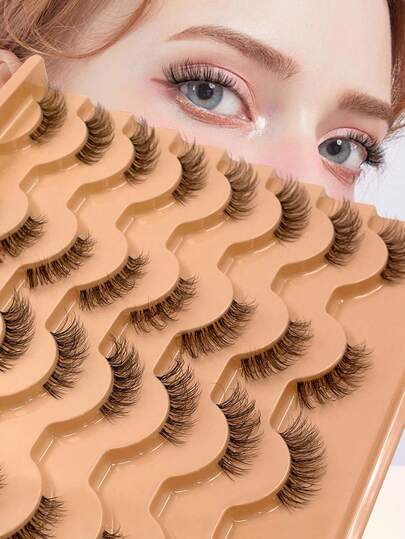 ENCHUW 16 Pairs Crossed Half Lashes With Clear Band False Eyelashes Fluffy Natural Looking Wispy Eye Lashes Fake Eyelashes