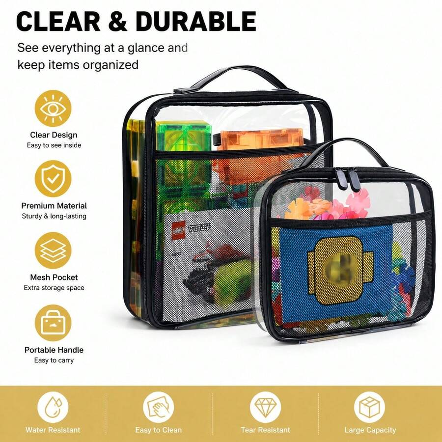 2 Packs Large Clear Toy Storage Bags, Reusable PVC Toy Organizer Bags With Zipper, Portable Storage For Building Blocks, Board Games, Puzzles And Kids Toys, Home & Travel - View 1