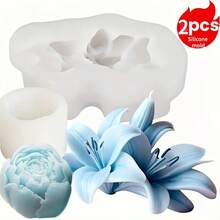 2pcs Lily And Peony Flower Candle Silicone Molds, With Realistic Flower Design - Reusable, Non-Stick Lily Leaf And Petal Molds, Suitable For Crafts, Wedding Decor - For Home Decor, Wedding, Anniversary - White - View 6