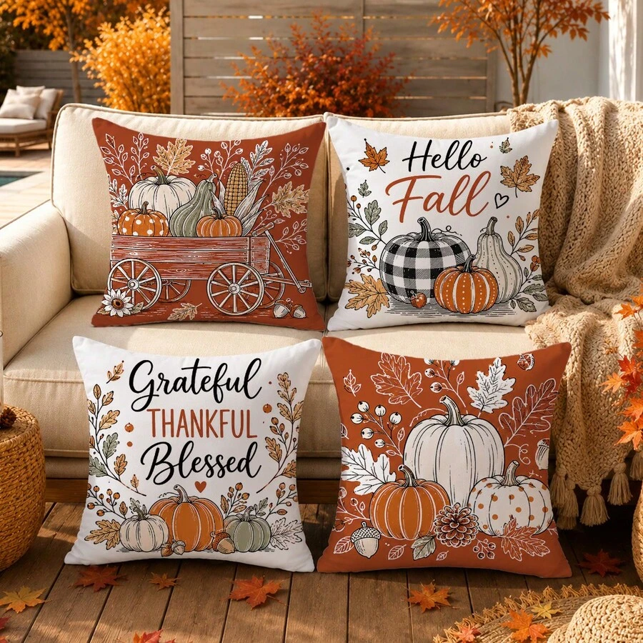 4pcs Vintage Autumn Pumpkin Pattern Cushion Covers, Single-Sided Printed Skin-Friendly Peach Skin Velvet Material, 45*45CM Pillow Covers Suitable For Room Decoration, Indoor Sofa Living Room Decoration Party Decoration, Decorative Cushion Covers Gift - Multicolor - View 1