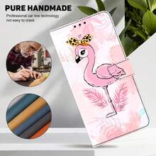 GLANDOTU PU皮革手機殼，可愛卡通火烈鳥翻蓋皮套，附卡槽支架與腕帶，相容多款品牌與機型 - 彩色 - 查看 6