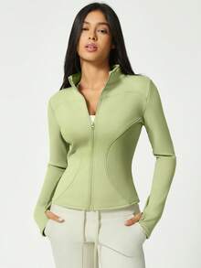 Solid Fleece Zip Up Jacket Women's Mandarin Collar Thumbhole Double Line Design Concert Birthday Gym Wear - Green - View 8