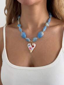 1pc Women's Y2K Bohemian Beaded Heart Pendant Necklace, Hand-Painted Evil Eye Floral Clavicle Chain, Aesthetic Jewelry Gift - Multicolor - View 4