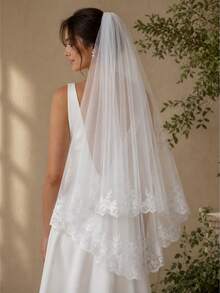 1pc White Lace Short Double-Layer Fingertip Length Wedding Veil With Metal Hair Comb - Multicolor - View 2