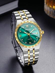 Men's Premium Gold-Tone Alloy Band Watch, Roman Numeral Rhinestone Dial With Date Display, Business Casual Versatile Quartz Wristwatch (1pc/Set) Watch Box Not Included - Multicolor - View 5