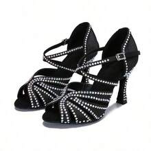 1 Pair Solid Color Rhinestone High Heel Latin Dance Shoes For Women, Fabric Buckle Cha Cha Rumba Dance Shoes, All Season Party Performance Dance Shoes - Black - View 4