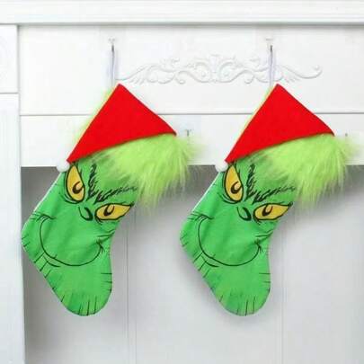 The Grinch 2pcs Christmas Stockings, Green Monster Face Print Christmas Hanging Socks, Plush Christmas Hat, Large Capacity Candy Gift Storage Bag, Fireplace Home Holiday Decoration