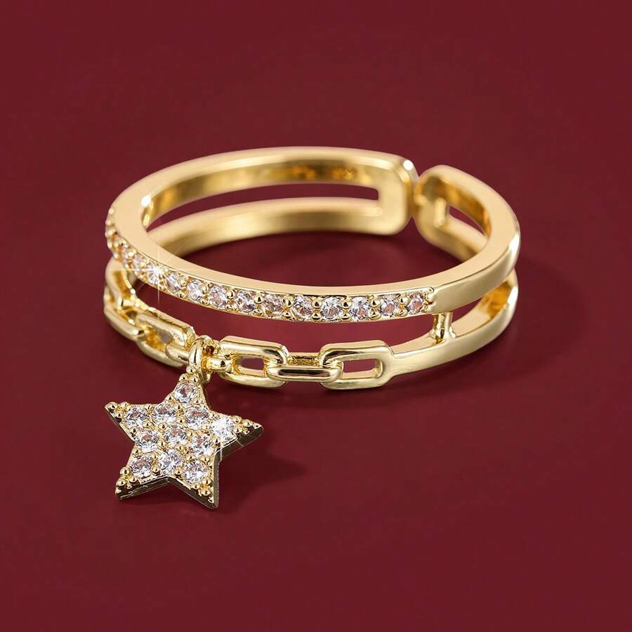 1pc Fashionable Chain-Style Adjustable Open Ring With Star Design & Cubic Zirconia For Women - Multicolor - View 1