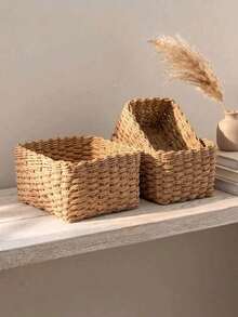 Handwoven Storage Basket Set, 1pc/2pcs/3pcs/4pcs, Paper Rope Material, Suitable For Living Room, Bedroom, Cabinet And Office, Home Decor, Shelf Storage Basket, Halloween Gift, Christmas Decoration Storage Basket - Khaki - View 18