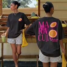 Women's Oversized Cotton Blend Short Sleeve Crew Neck Pink Passion Fruit Graphic Breathable Casual Summer Streetwear - Black - View 1