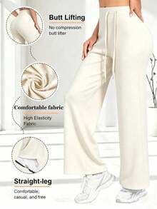 1pc Women's High Waist Wide Leg Pants, Drawstring Straight Leg Pants, Elastic Wide Leg Pants, Drawstring Design, Daily Office Versatile Casual Wear Long Pants, Commute Style Solid Color Minimalist Draped Design High Waist Wide Leg Pants, All Season Vintage Loose Casual Long Pants, Fashion Minimalist Versatile Long Pants, Suitable For Office, Business Casual And Formal Occasions Daily Outdoor Shopping Wear - White - View 3