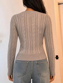 Large Round Neck Sweater Pure Girl Style Textured Ribbed Knit Drop Shoulder Pullover Comfortable Daily Basic - Dusty Pink - View 4