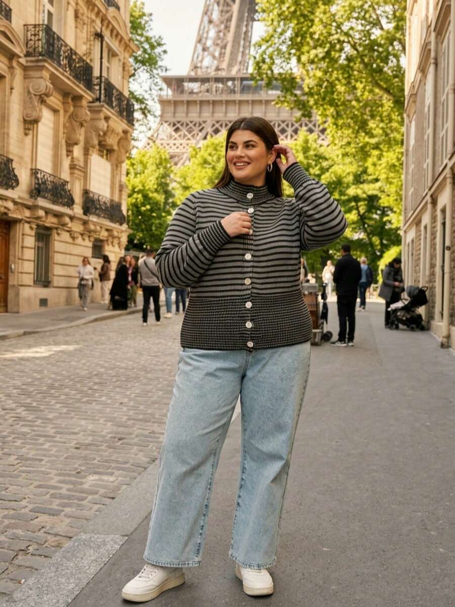 Regular Women's Striped Casual Autumn/Winter Sweater - Grey - View 1