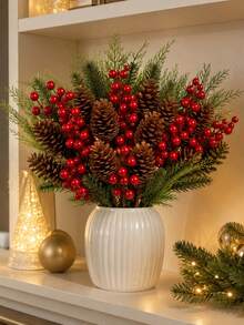 40pcs Pine Cone And Red Berry Decorations | Realistic Plastic Branch Christmas Tree Decor | Winter Wedding And Wreath Centerpiece Decorations | Durable Pine Cone And Red Berry Ornaments | Holiday Berry Wreath Accessories - Multicolor - View 1