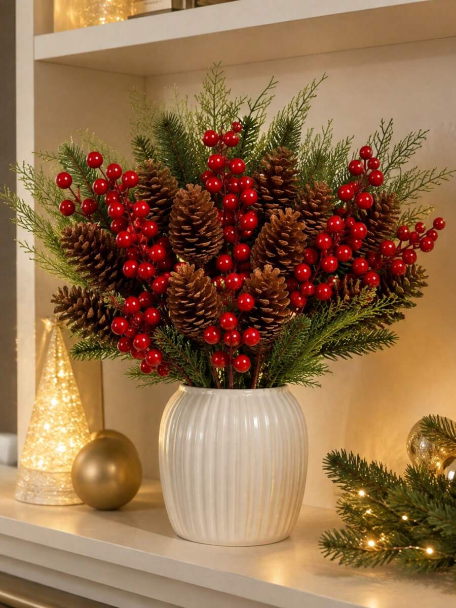 40pcs Pine Cone And Red Berry Decorations | Realistic Plastic Branch Christmas Tree Decor | Winter Wedding And Wreath Centerpiece Decorations | Durable Pine Cone And Red Berry Ornaments | Holiday Berry Wreath Accessories - Multicolor - View 1