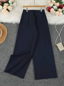Women's Elegant Straight Leg Pants, With Button And Zipper Details, Long Non-Stretch Trousers (Belt Not Included) - Navy Blue - View 6