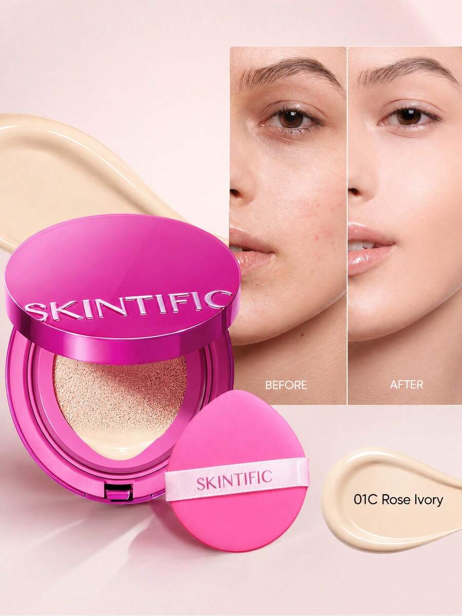 SKINTIFIC Pink Radiance Cushion Foundation # 01C Rose Ivory | Medium Coverage, Natural Glow Finish, Moisturizing For Dry Skin, Lightweight, Long-Lasting And Antioxidant - 01C Rose Ivory - View 1