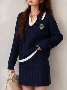 Women's Autumn/Winter Casual Minimalist Preppy Pullover & Skirt 2 Pieces Set - Navy Blue - View 3