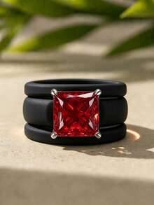 3PCS Large Red Square Cut Synthetic Zirconia Black Silicone Ring Set, Suitable For Daily Wear, Weddings, Valentine's Day, Anniversaries, And Gifts - Black Silicone - Red Square - View 8