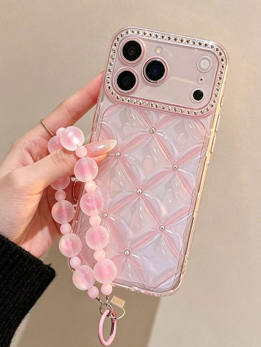 New Transparent Pink Rhinestone Diamond Pattern With Frosted Pink Beads Phone Lanyard Compatible With Apple 17 Pro Max/17e/16e/16 Pro Max/16/15/13/14 - Baby Pink - View 1