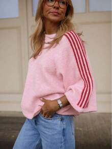 Women's Colorblock Striped Long Sleeve Sweater Top 2026 Round Neck Mid-Short Knit Sweater French Street Style Autumn Daily Coffee Shop Pink Fall - Pink - View 3