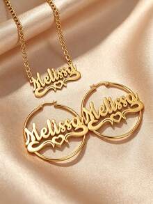 1pc DIY Personalized Name Customized Hollow English Letter Stainless Steel Necklace, Bracelet, Earrings Set, 18k Gold Plated Stainless Steel Jewelry, Includes Exquisite High-End Gift, Suitable For Friends, Family, Lovers, And Holiday Gifts - Style 2-gold - View 3