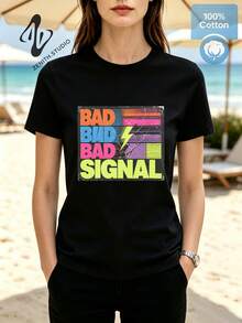 Bad Signal Retro Glitch Typography Print, Cyberpunk Aesthetic Art, Women Cotton Short Sleeve Tee, Casual Daily Wear - Black - View 1