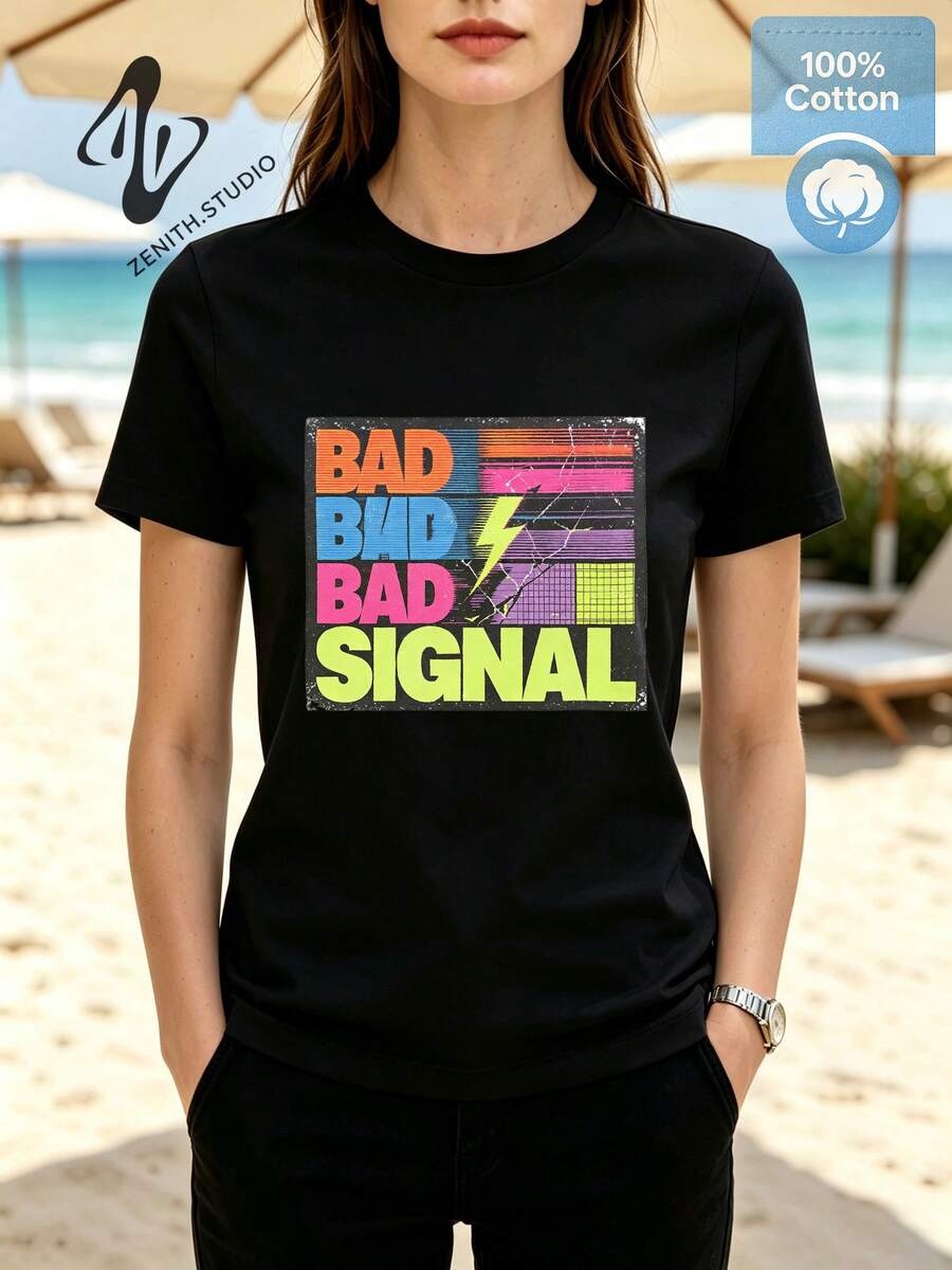 Bad Signal Retro Glitch Typography Print, Cyberpunk Aesthetic Art, Women Cotton Short Sleeve Tee, Casual Daily Wear - Black - View 1