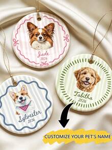 Personalized Photo Round Ceramic Christmas Ornament, Custom Name & Year, Macaron Color Striped Wavy Border, Christmas Tree Hanging Decor, Upload Family Baby Pet Portrait, Commemorative Keepsake Gift - Multicolor - View 1