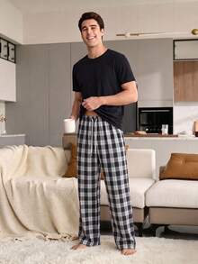 Men's Summer Crew Neck Casual T-Shirt And Casual Long Pants Loungewear Set - Black - View 1