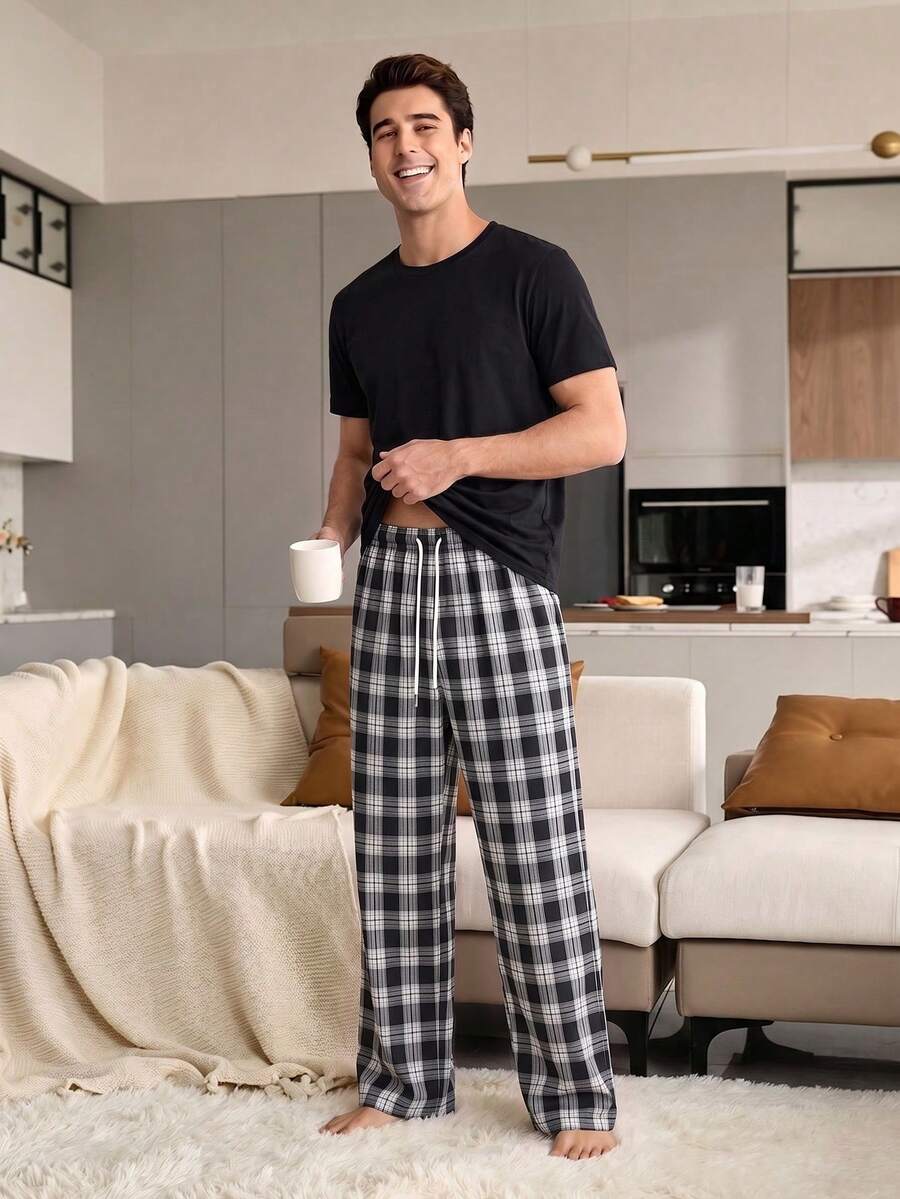 Men's Summer Crew Neck Casual T-Shirt And Casual Long Pants Loungewear Set - Black - View 1