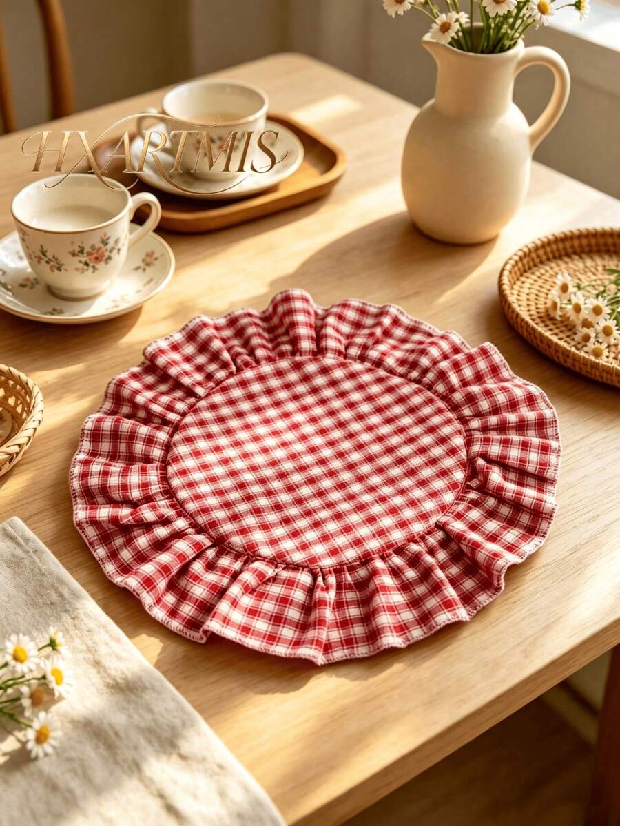 HXARTMIS 1pc Red Plaid Ruffle Round Placemat, Vintage Checkered Woven Fabric Placemat, Heat-Resistant Table Decor, Suitable For Breakfast Shop, Cafe, Wedding Scene - Red - View 1