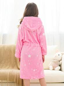 Tween Girl Star Print Hooded Belted Flannel Robe - Pink - View 4