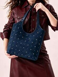 Dedoo Women Suede Hobo Tote Shoulder Bag, Navy Blue Silver Rivet Decor, Wide Strap, Large Capacity, Vintage Y2K Purse For Women Daily Street Shopping Work - Blue - View 5
