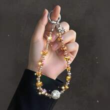 1pc Y2K Sweet & Cool Gold Butterfly Phone Chain, Iridescent Crystal Beaded Rhinestone Ball, Hot Girl Ins Style Phone Charm - Gold Bow - View 3