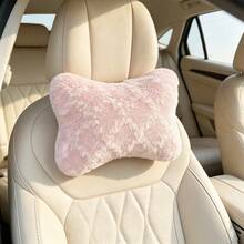 1pc Checkerboard & Diamond Jacquard Car Neck Pillow, Faux Rabbit Fur Headrest, Ergonomic Design, All Season, Women's Car Interior Accessory - A - View 1