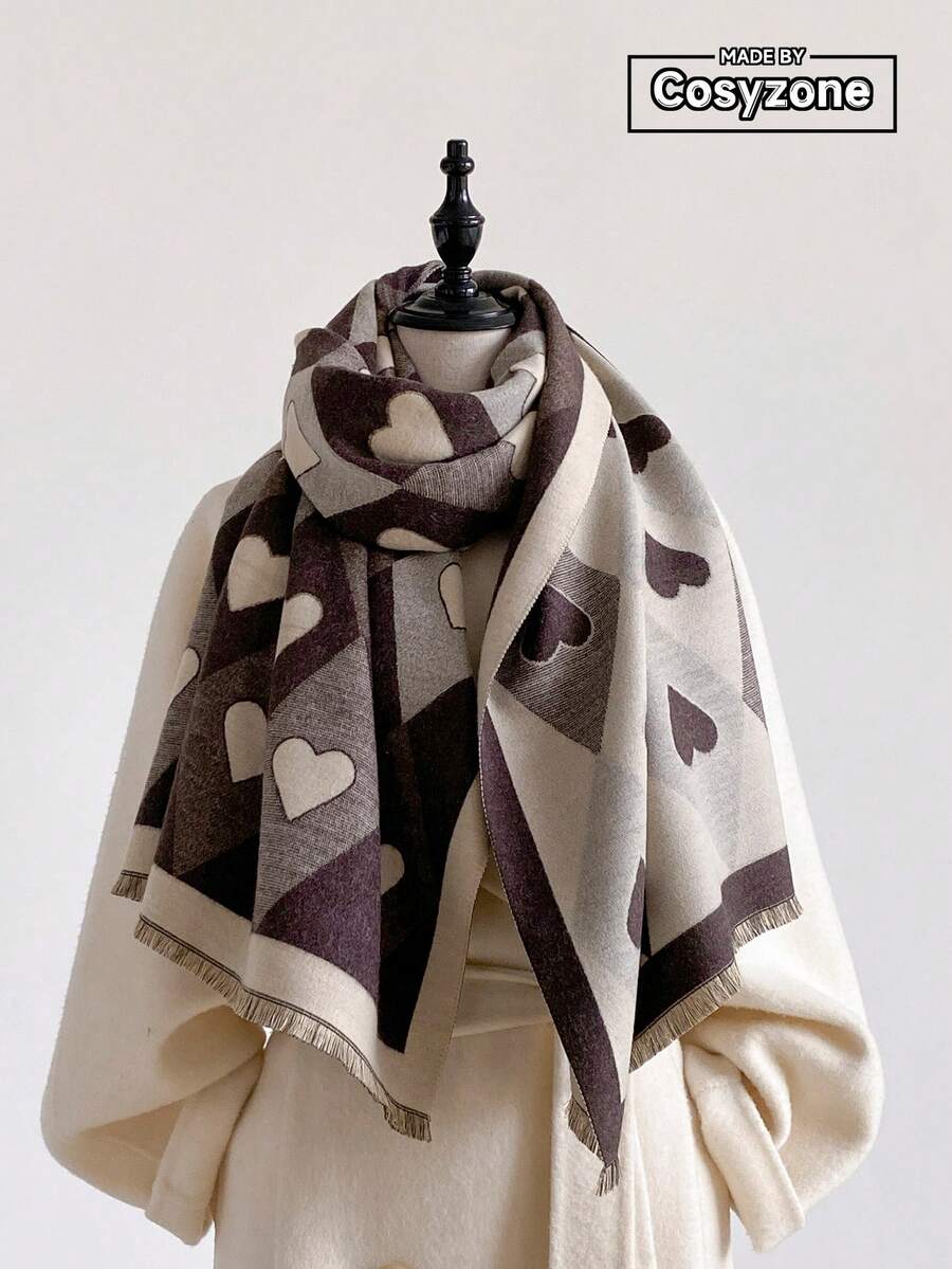 1pc Faux Cashmere Elegant Rhombus & Heart Pattern Jacquard Warm Scarf For Women, Air Conditioning Room Blanket, Autumn/Winter Outdoor Travel Cold Protection Neck Warmer, Soft Decorative Scarf Shawl Dual-Use, Suitable For Daily Matching, First Choice For Gift Giving - Chocolate Brown - View 1
