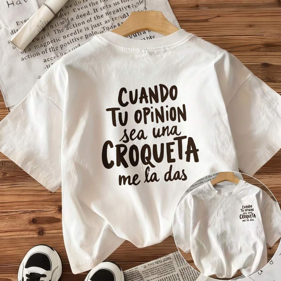 Oversized Graphic T-Shirt, Crew Neck Short Sleeve Loose Fit, Soft Cotton Blend, Funny Spanish Quote Print, Casual Streetwear For Women - White - View 1