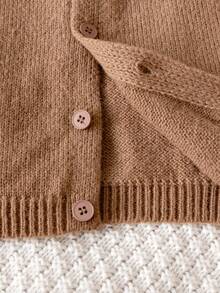 Baby Boy & Girl Minimalist Round Neck Long Sleeve Knit Cardigan Sweater, Solid Color Single-Breasted Casual Versatile Jacket For Daily Wear, School, Spring, Autumn, Winter - Brown - View 5