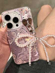 Korean Laser Heart Bow Pendant Pink Glitter Water Ripple Phone Case, Compatible With 17/16 Pro Max/15 Pro/14/13, Summer Anti-Fall Protective Cover, Sweet Girly Style - Pink - View 3