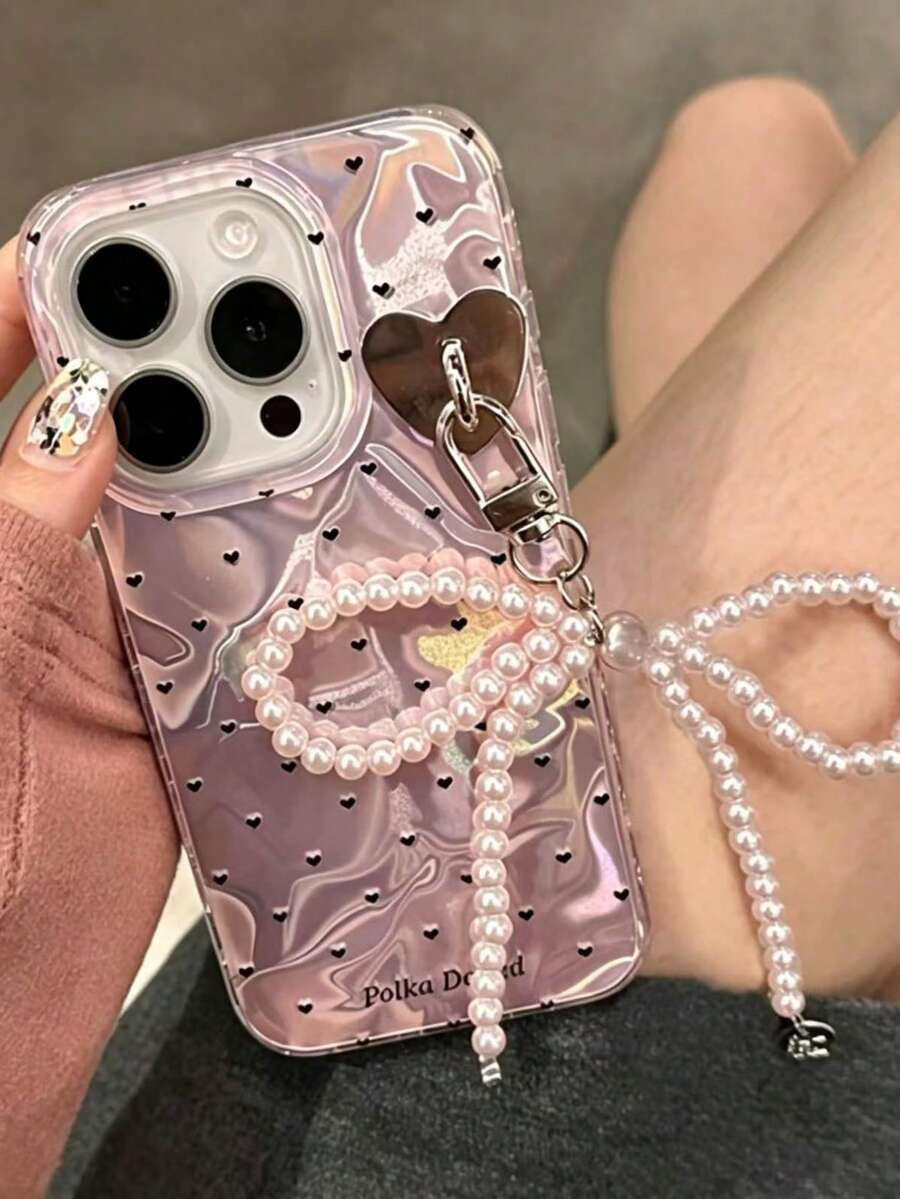 Korean Laser Heart Bow Pendant Pink Glitter Water Ripple Phone Case, Compatible With 17/16 Pro Max/15 Pro/14/13, Summer Anti-Fall Protective Cover, Sweet Girly Style - Pink - View 1