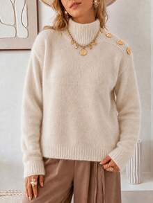 Vuslat Women's Autumn/Winter Soft Knit Sweater, Metal Button Half-High Neck Base Layer Top, Commuting, Casual Shopping, Cafe, Christmas - Apricot - View 7
