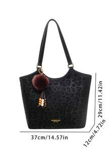 Tote Bag With Dark Pattern Print, Pom Pom Charm, Beaded Accessories, Adjustable Handle And Shoulder Strap, Large Capacity, Atmospheric Tote Bag For Women, Versatile Bag Suitable For Daily Use, School, Work, Travel, Shopping, Commuting, Shoulder Large Bag - Black - View 2