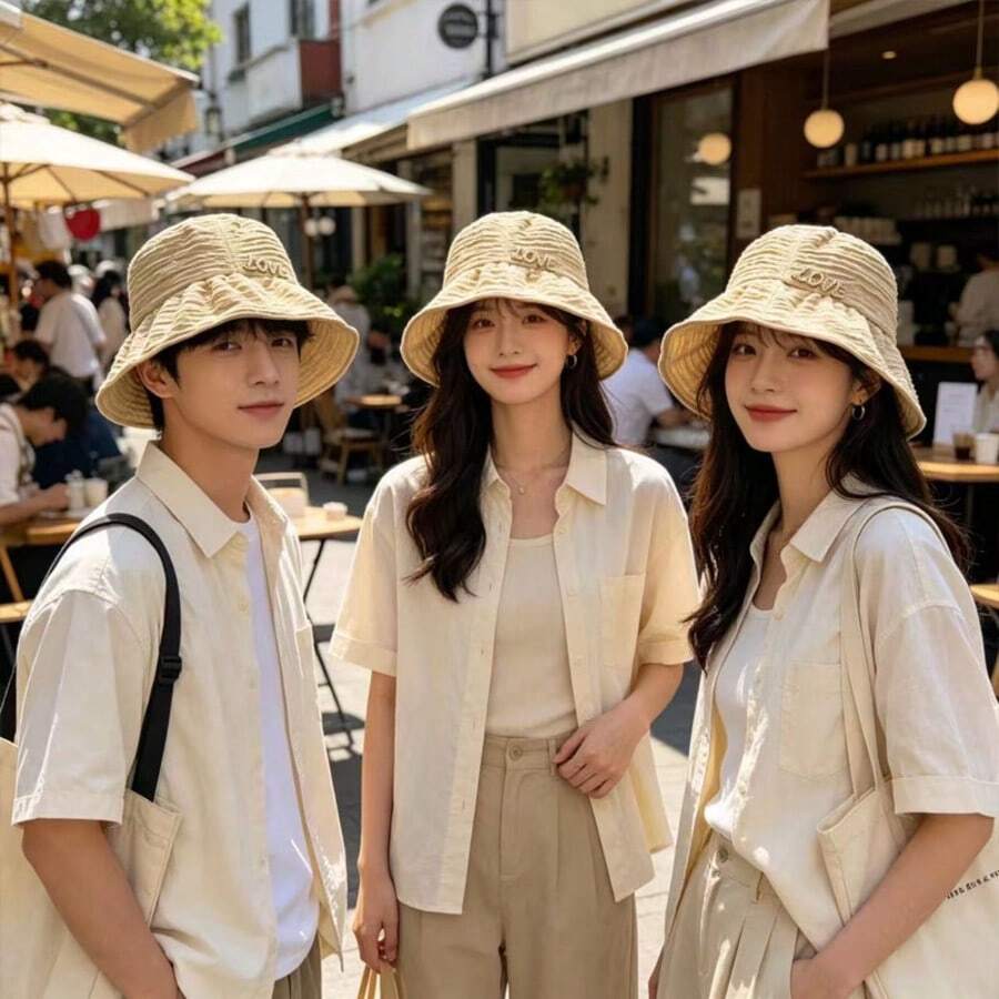 1 Piece, Unisex Hat, Lightweight Summer Wide-Brim Bucket Hat With Letters, Stylish LOVE Letter Lightweight Sun Hat For Outdoor Travel And Beach - Multicolor - View 1