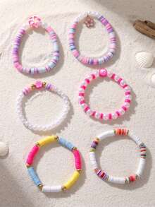 Set Gelang Anak Perempuan 6 Buah Berwarna-warni, Terbuat dari Tanah Liat Lembut, Manik-manik Mutiara Imitasi, dan Motif Bunga yang Manis, Cocok untuk Pemakaian Sehari-hari dan Sebagai Hadiah. - MultiWarna - View 2