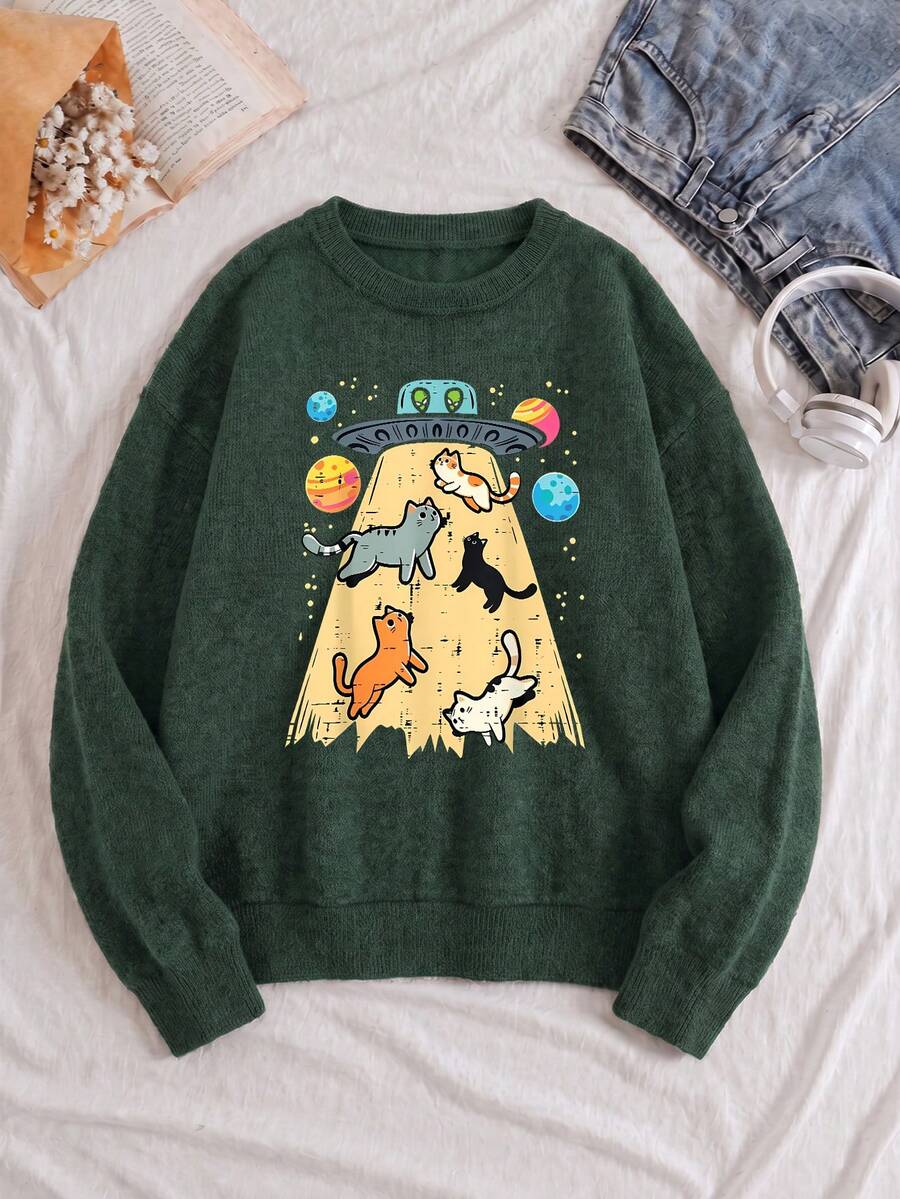 Plus Size Women's Fun Space Cat & UFO Graphic Print Faux Sweater, Y2K Retro Casual Top, Autumn/Winter Women's Clothing Fall