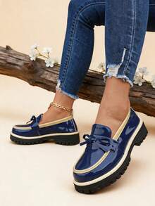 1 Pair Ladies Blue Bow Decor Two Tone Platform Loafers, Spring Autumn Daily Footwear - Blue - View 4